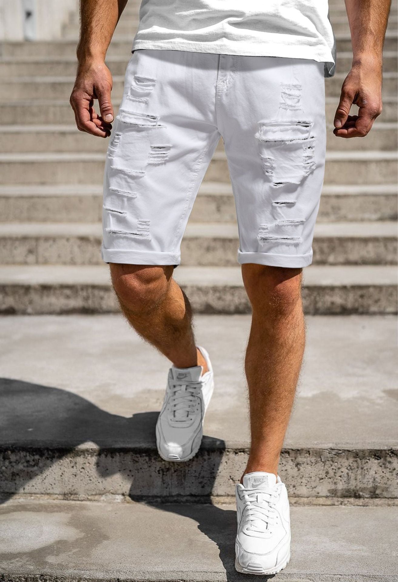 Men's Casual Denim Shorts Ripped Solid Color Five Point Pants