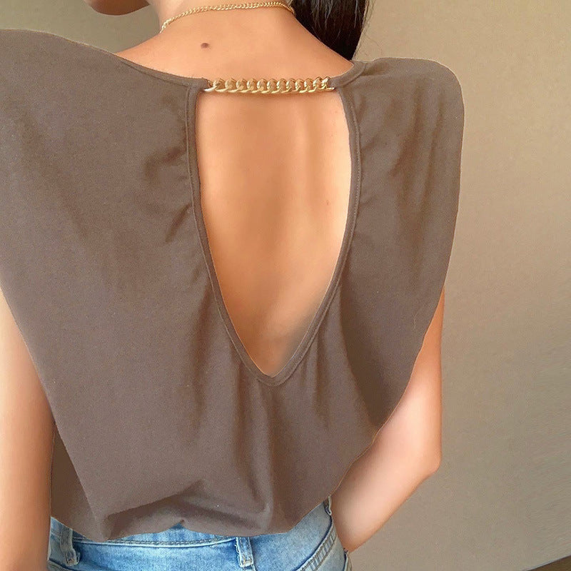 Shoulder Chain Back T-Shirt Women Europe And America Spring And Summer Leisure Comfort Elegant Fashion Loose Top