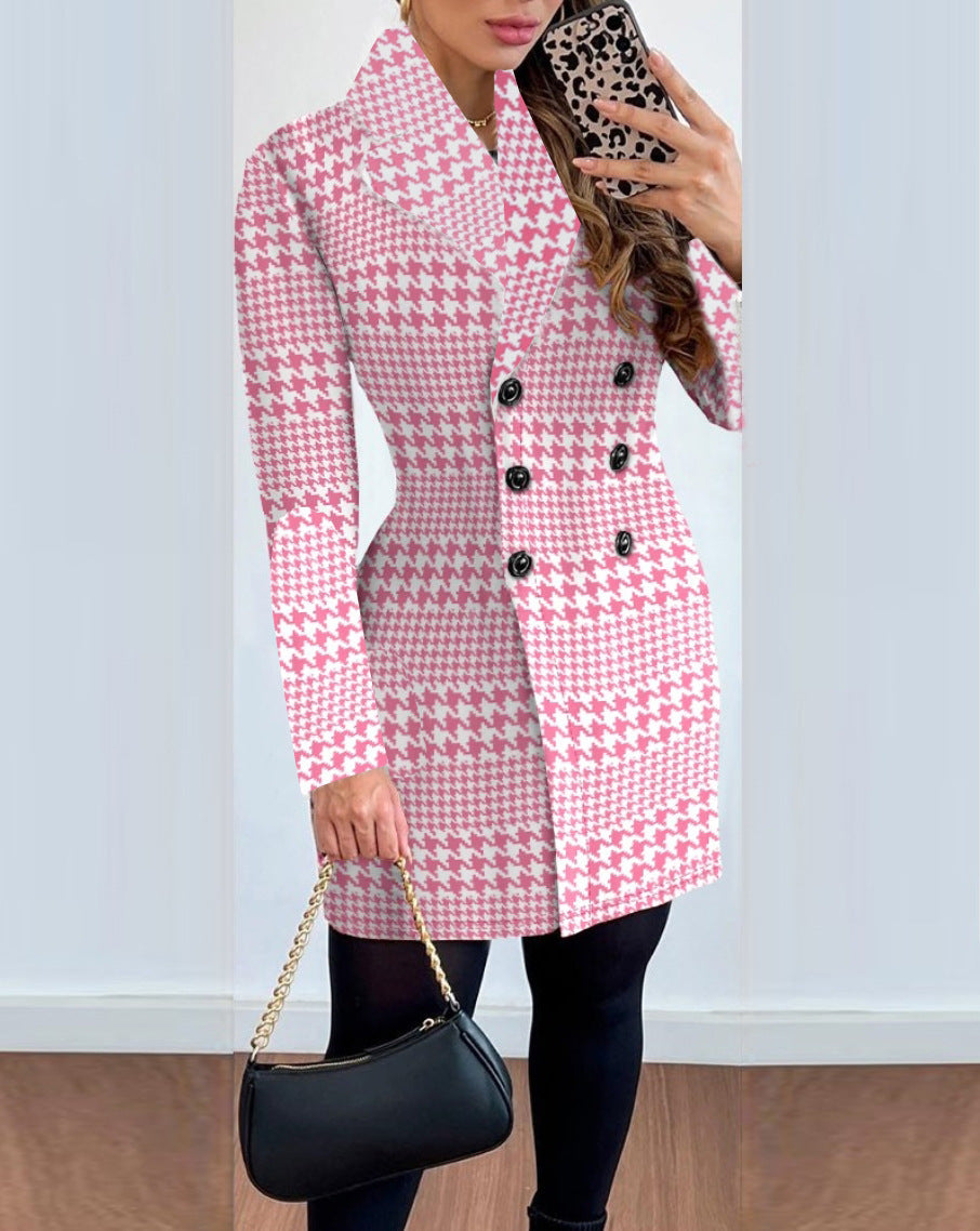 Women's Long-sleeved Double-breasted Suit Collar Printed Coat