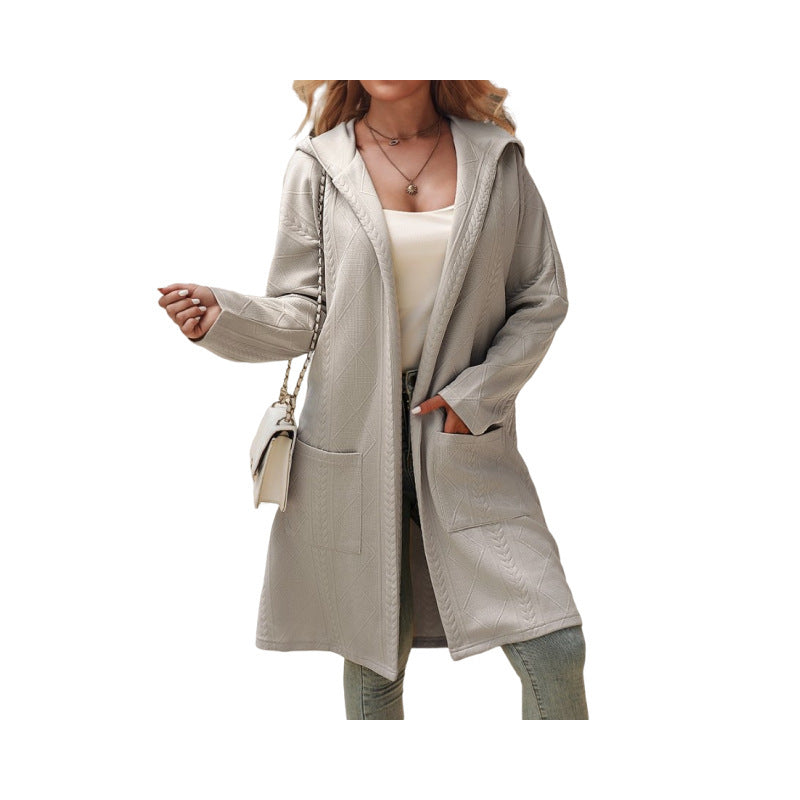 Women's Texture Loose Hooded Mid-length Trench Coat