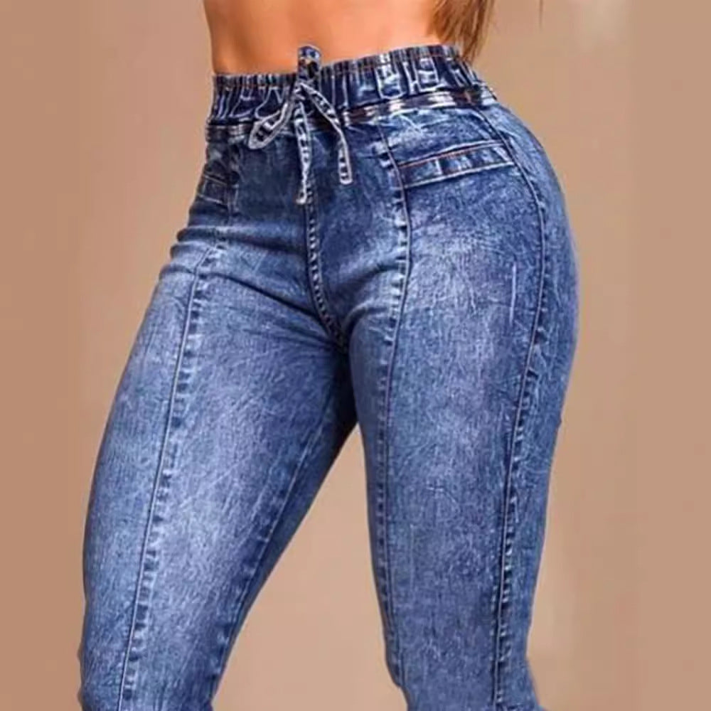 Women's Elastic Waist Lace Up Slim Fit Jeans