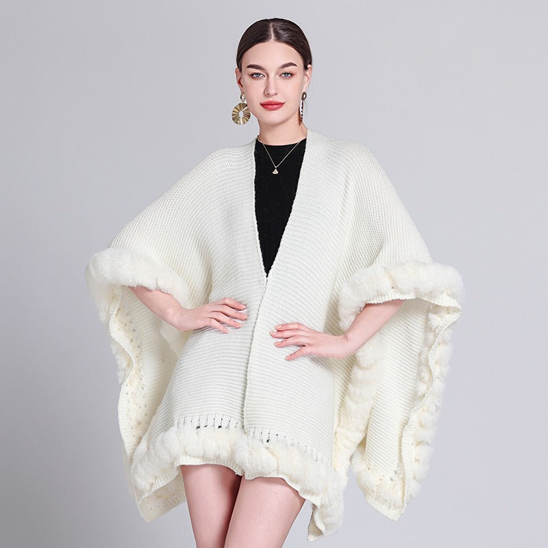 Solid Color Knitted Cape And Shawl Sweater Coat