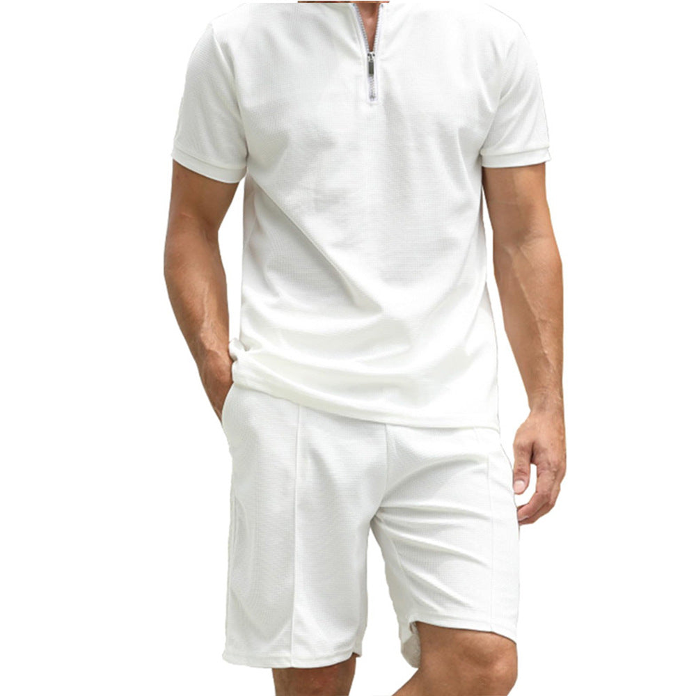 3D Simple POLO Men's Zip-up Shirt Short Sleeve Crew Neck Casual Shorts Suit